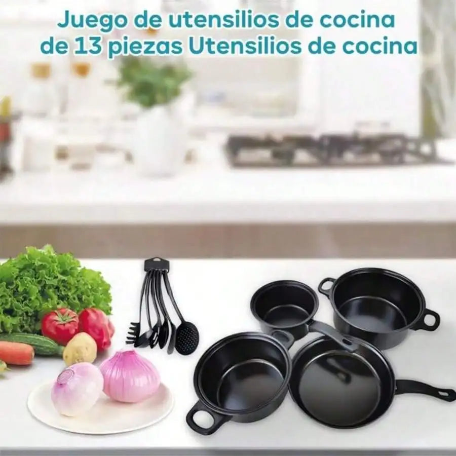 13Pc Nonstick Cookware Set, Induction Pots and Pans with Cooking Utensils, Black Kitchen Set for Home Camping, Thanksgiving Gift
