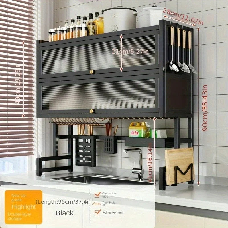 Dish Rack Kitchen Carbon Steel Over Sink Organizer Dustproof Multi Compartment Easy Mount Sink Storage Space