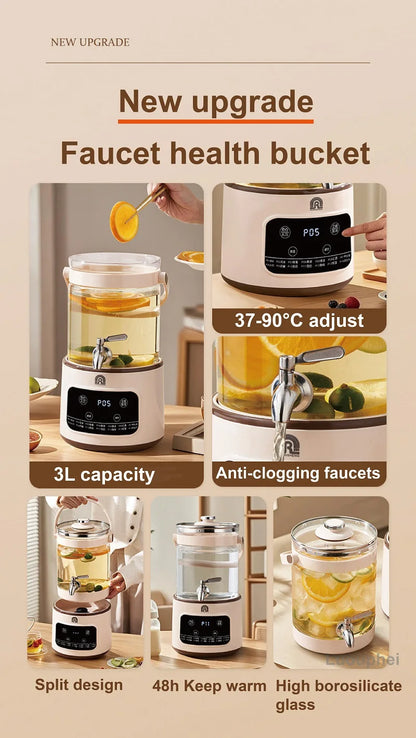 1200W/3L Home Electric Kettle Multifunctional Health Pot Glass Flower Teapot Soup Stew Pot Commercial Faucet Fruit Tea Bucket