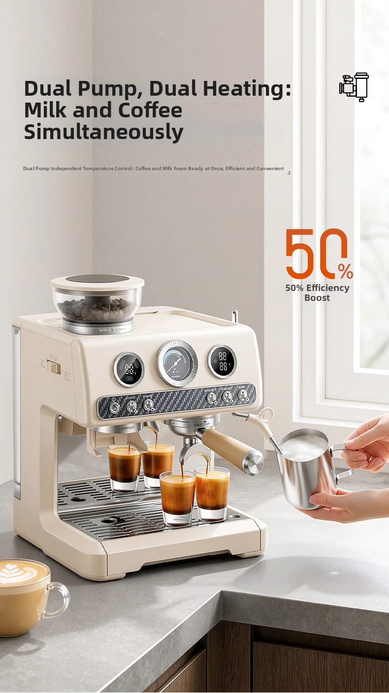Semi-Automatic Espresso Coffee Machine, Dual Pump Cold & Hot Brew, Built-in Grinder, High Pressure 20 Bar, Compact Home Espresso