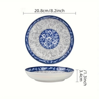 6pcs Elegant Blue And White Ceramic Dinnerware Set, Large Round Plates with Floral Design, Microwave And Dishwasher Safe, Suitab