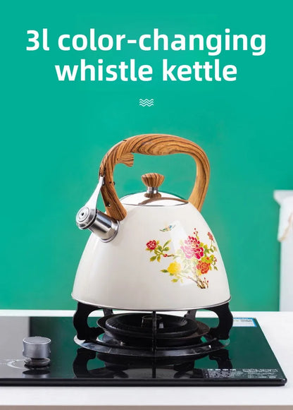 3L Color-Changing Flower Whistling Kettle, Stainless Steel Visual Alert When Water Boils, for Induction & Gas
