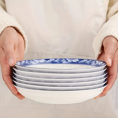 6pcs Elegant Blue And White Ceramic Dinnerware Set, Large Round Plates with Floral Design, Microwave And Dishwasher Safe, Suitab