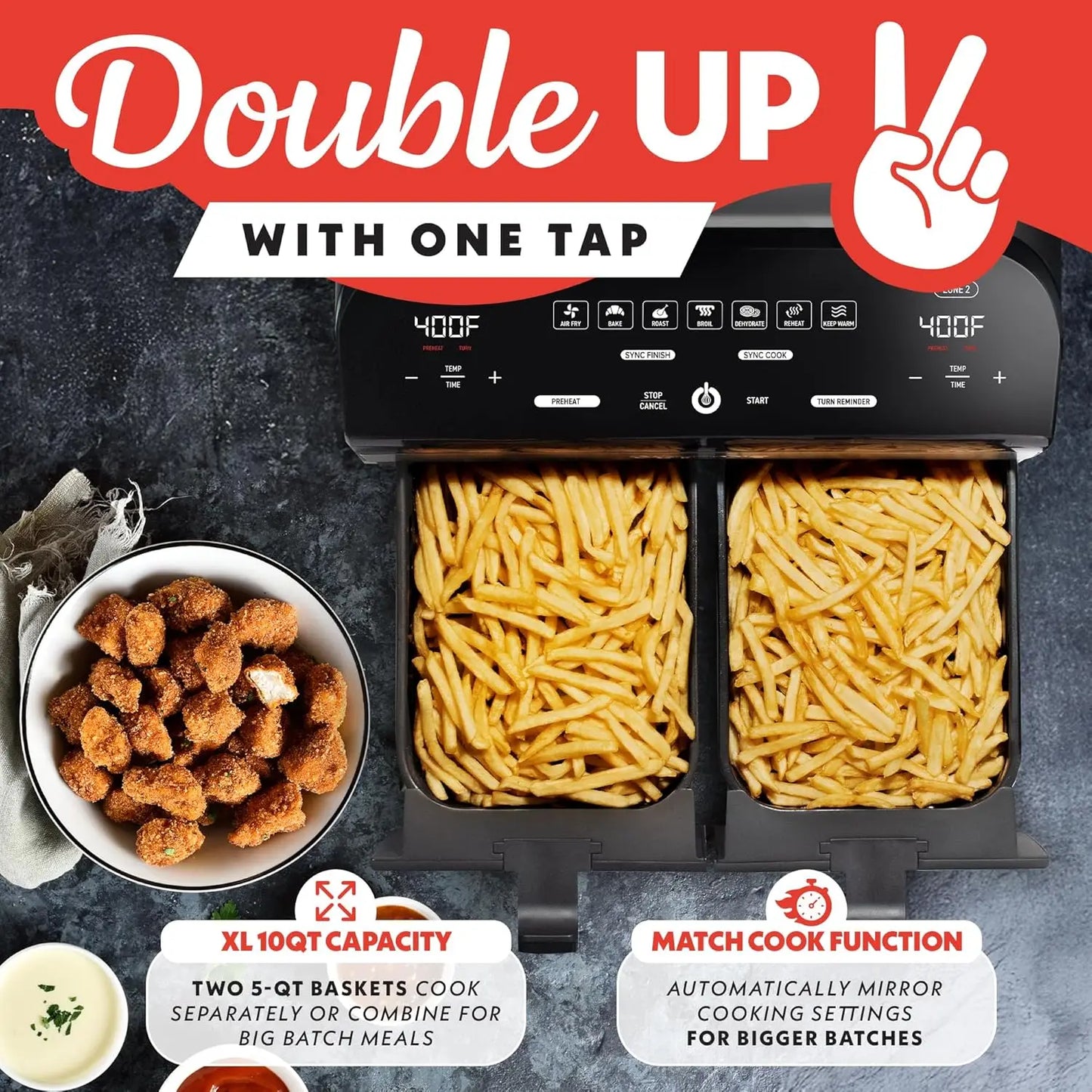 10 Qt Dual Basket Air Fryer, 7 Presets, Sync Finish, Dishwasher Safe