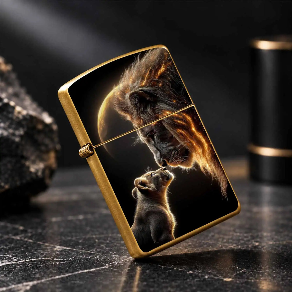 Creative Lighter With Warm Lion Cub And Adult Lion Glowing Art Pattern, Exquisite Moon Background Themed Decor, Portable Stylish Accessory For Daily Use Gifting Outdoor Travel Any Occasions A Humorous And Interesting Lighter