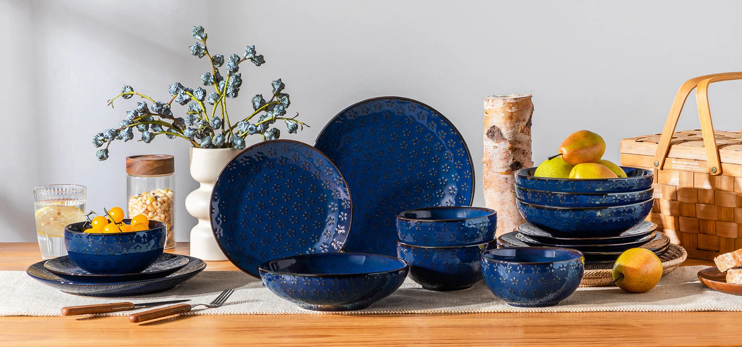 MALACASA LYDIA 16/32 Piece Blue Stoneware Plates Dinner Set Embossment Dinnerware with 6pcs Dinner plate/Dessert/Soup/Bowl