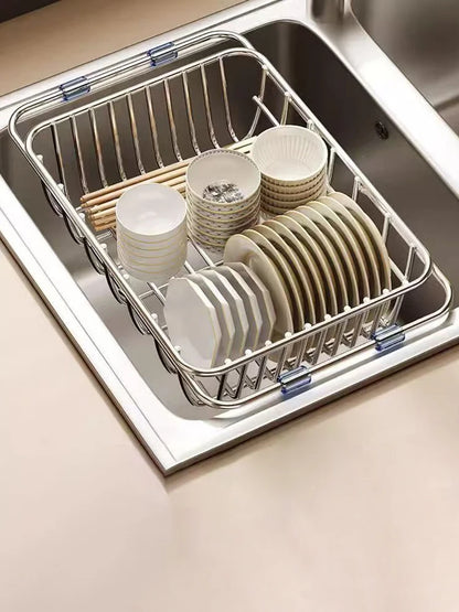 Stainless Steel Telescopic Sink Drain Rack Non-Slip Dish Drying Kitchen Bathroom Countertop Organizer Rack for Household Use