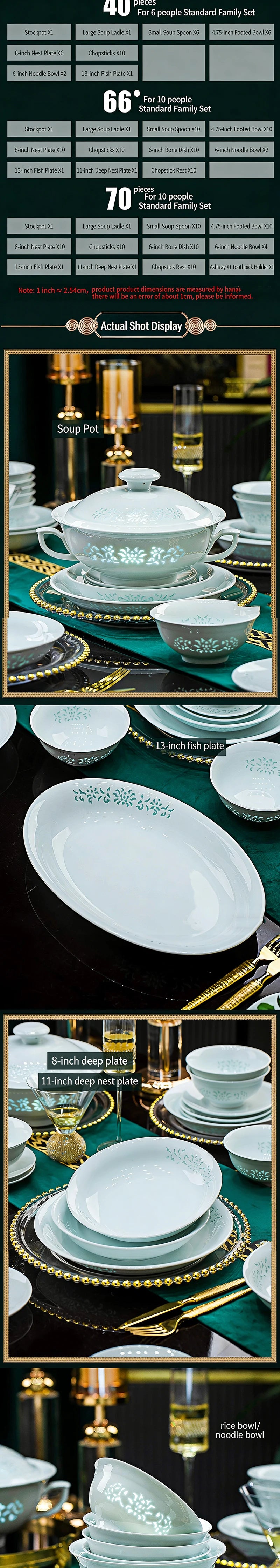 Celadon Dinnerware Set 22/40/70pcs Linglong Ceramics Dish Sets Full Set Luxury China Tableware Set For 4/6/10 Persons Dinner Set