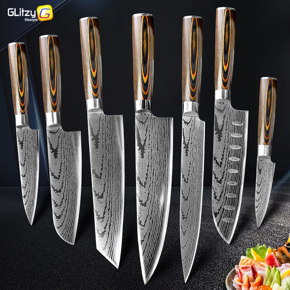 Kitchen Knife Set Professional Chef Knife 7CR17 Germany Stainless Steel Damascus Laser Meat Cleaver Slicing Santoku Cutter Tools