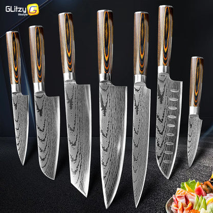 Kitchen Knife Set Professional Chef Knife 7CR17 Germany Stainless Steel Damascus Laser Meat Cleaver Slicing Santoku Cutter Tools
