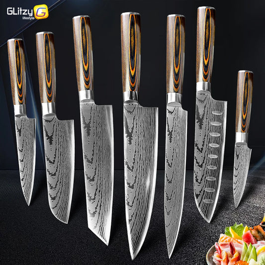 Kitchen Knife Set Professional Chef Knife 7CR17 Germany Stainless Steel Damascus Laser Meat Cleaver Slicing Santoku Cutter Tools