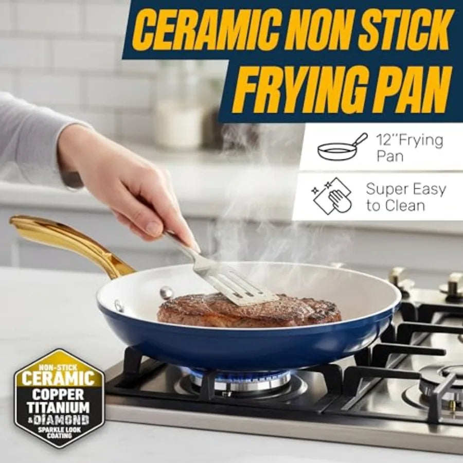 Ceramic Cookware Nonstick, Ceramic Pots and Pans Set Non Stick with Steamer for Cooking, Non Toxic PFOA PFOS Free, Premium Stay