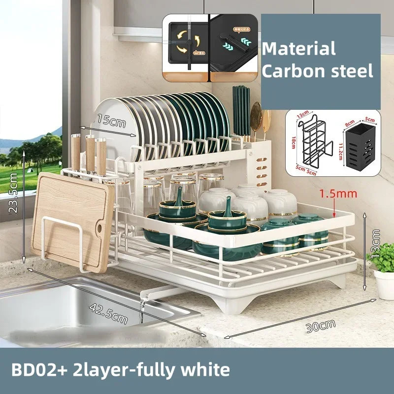 Kitchen Dish Drain Rack Plates Bowls Chopsticks Carbon Steel Storage Rack with Drain Board Sink Countertop Tableware Storage
