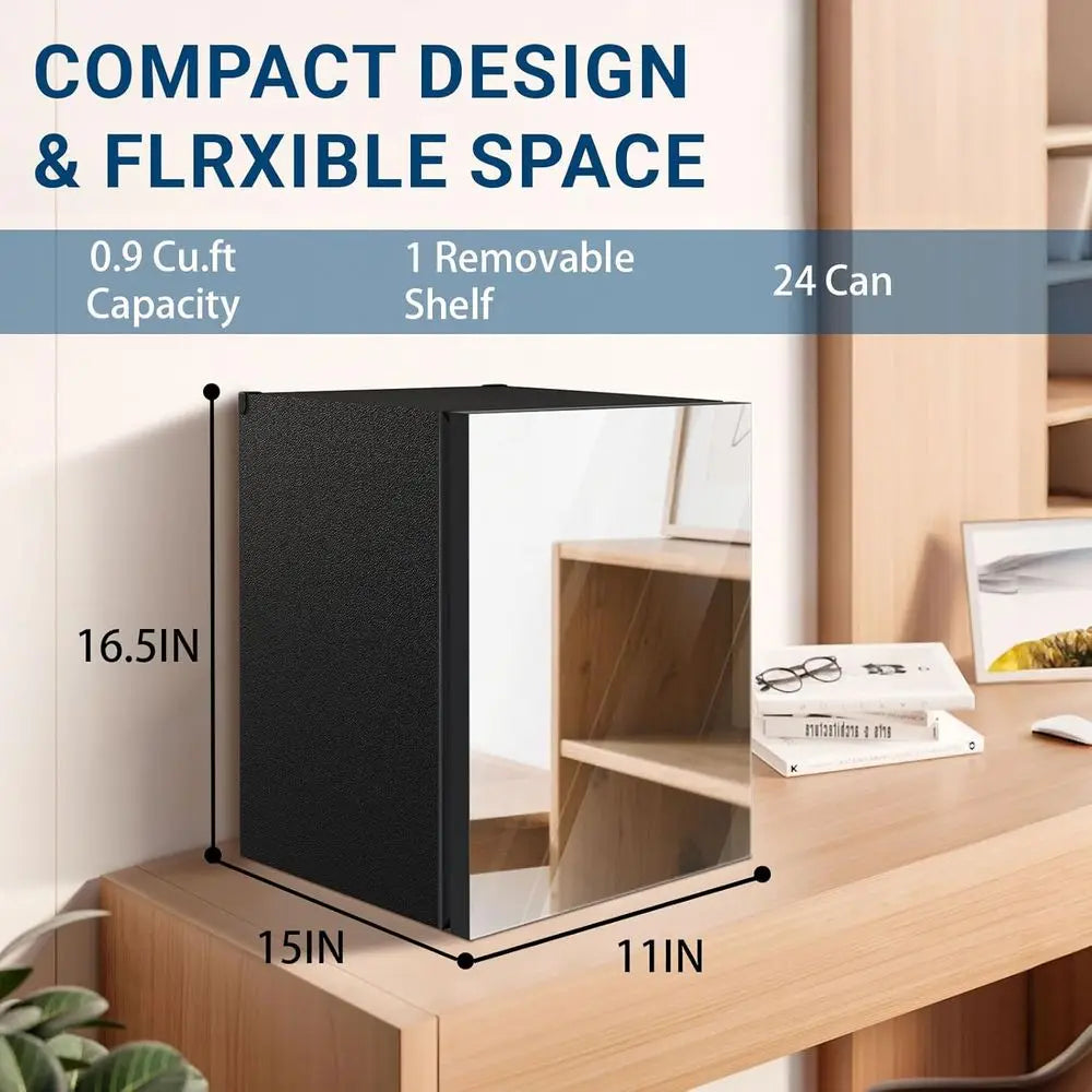 Compact 0.9 Cu.ft Mini Fridge with Adjustable Shelves & Mirror Door for Beverages and Cosmetics, Ideal for Countertop Use in Bed