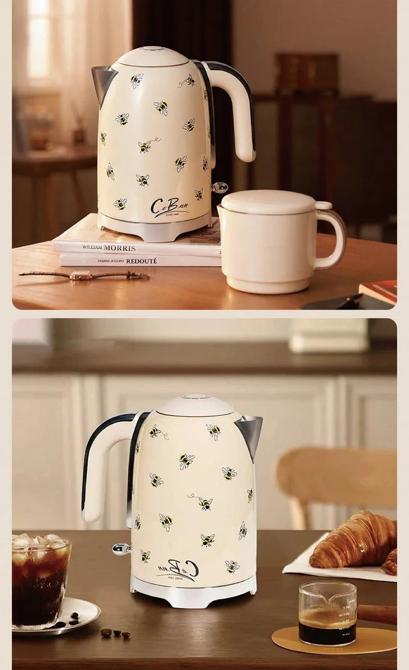 2200W Retro Print Electric Kettle Home 304 Stainless Steel Quick Boiling Kettle Auto Power Off Teapot Kitchen Tools 1.7L