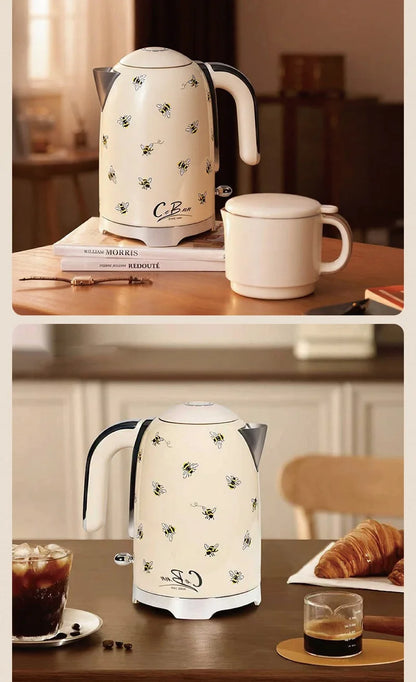 2200W Retro Print Electric Kettle Home 304 Stainless Steel Quick Boiling Kettle Auto Power Off Teapot Kitchen Tools 1.7L