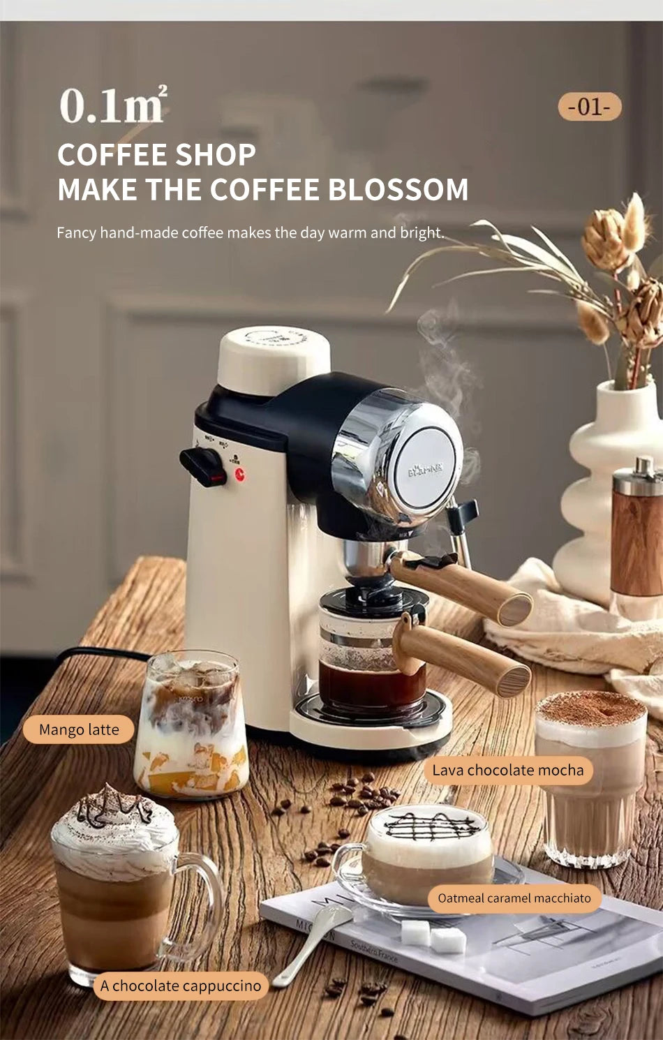 Espresso Coffee Machine with Steam Milk Frother, Semi-Automatic Coffee Maker 240ml 800W for Home Cappuccino Latte