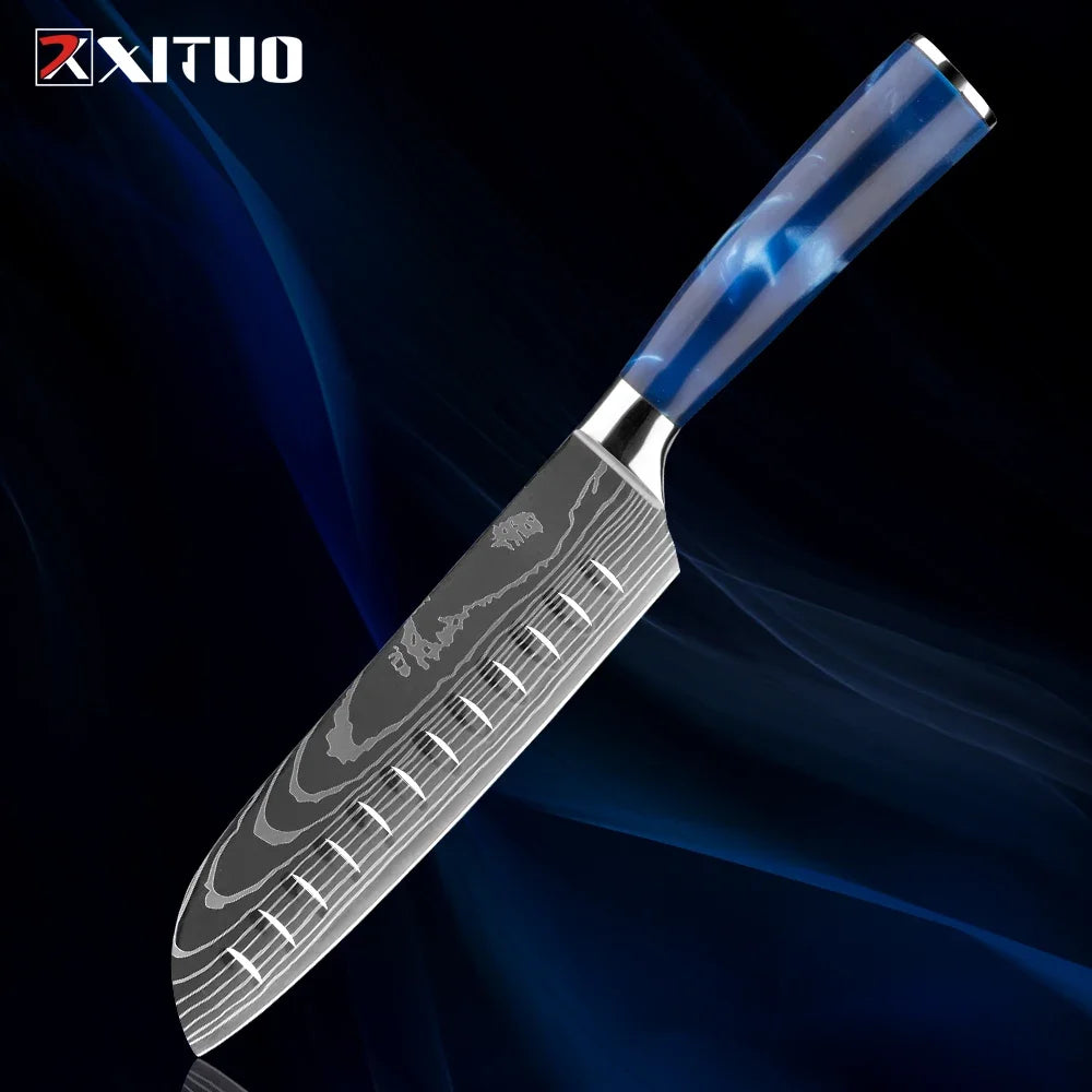Stainless Steel Chef Knife Kitchen Knife Set 1-8Piece Razor-Sharp Paring Knife, Boning Knife, Santoku Knife, Blue Resin Handle