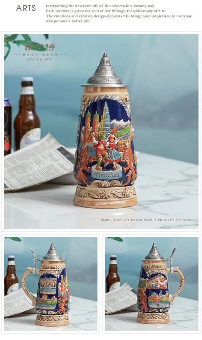 Beer Stein Mug German Munich Bavarian Viking Tankard with Petwer Lid Drinking Cups for Men's Gifts Big Capacity 1000ml