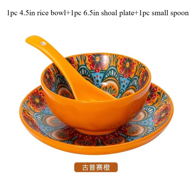 Bohemia Ceramic Rice Bowl Serving Plate Creative Ceramic Cutlery Soup Noodle Bowl Household Handle Bowl Sauce Dish