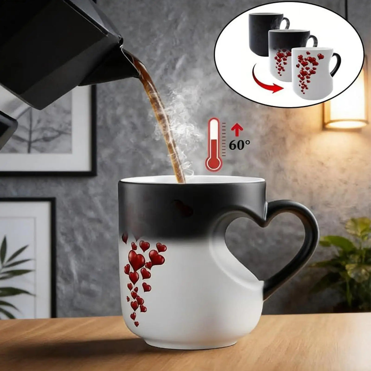 Heat Sensitive Color Changing Magic Mug with Romantic Heart Handle Cute Gift for Birthday Anniversary Valentine's Day Coffee Cup