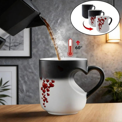 Heat Sensitive Color Changing Magic Mug with Romantic Heart Handle Cute Gift for Birthday Anniversary Valentine's Day Coffee Cup