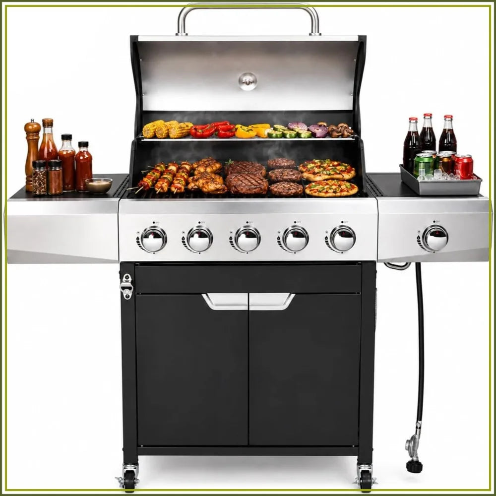 58,500 BTU 5-Burner Propane Gas Grill BBQ with Side Burner, Porcelain Grates, Wheels