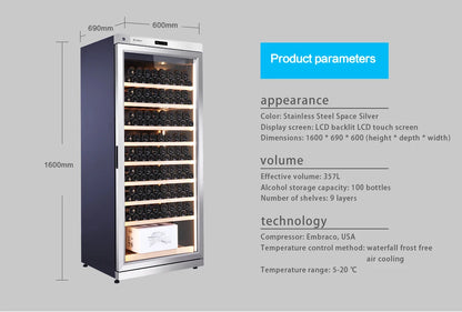 357L Wine Cooler Refrigerator Stainless Steel Wine Cabinet Intelligent Cellar for Red/White Wine Champagne Cocktail Liquor