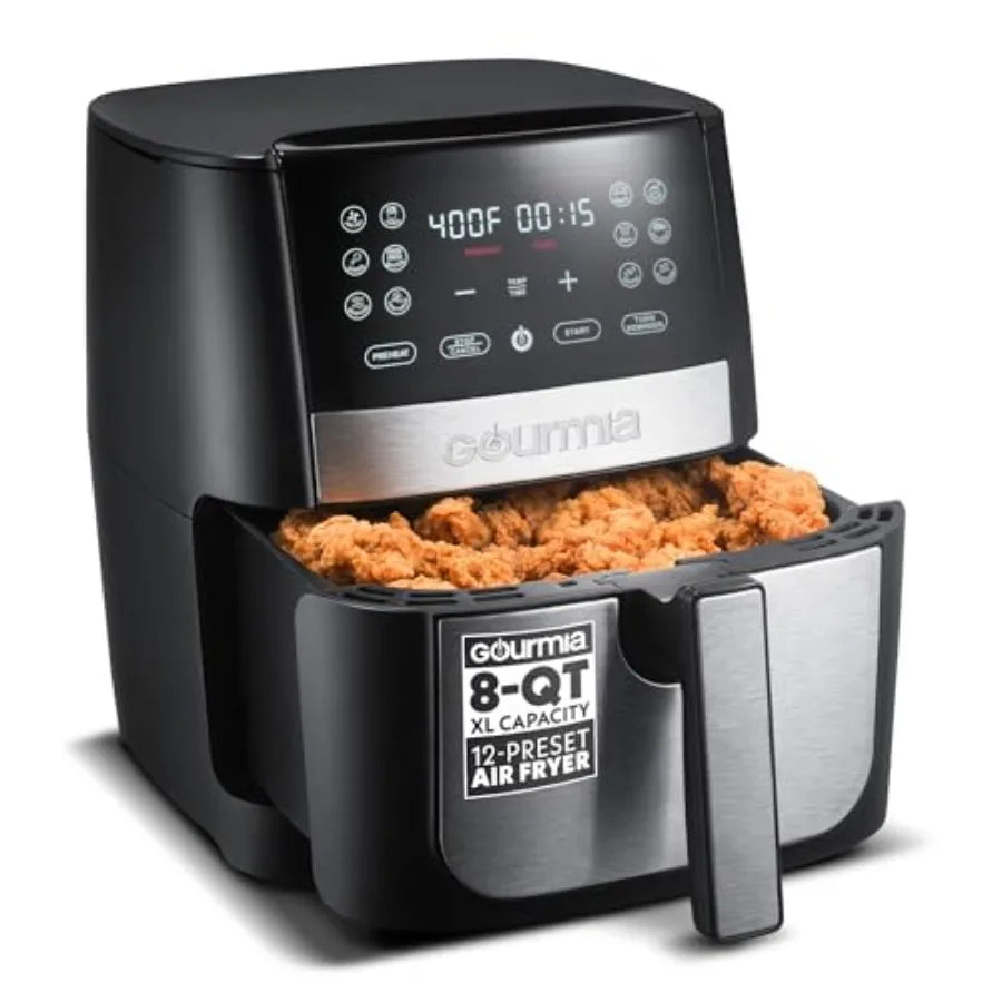 Digital air fryer for home kitchen use, aluminum nonstick black basket, sleek black finish, XL capacity with 12 one-touch prese