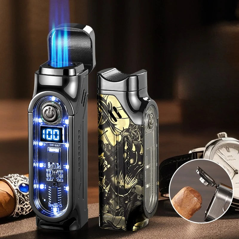 Smart 3 Flame Gas Cigar Lighter, Digital Display, with Cigar Drill, LED Light, Portable Multi-functional Ignition Lighter