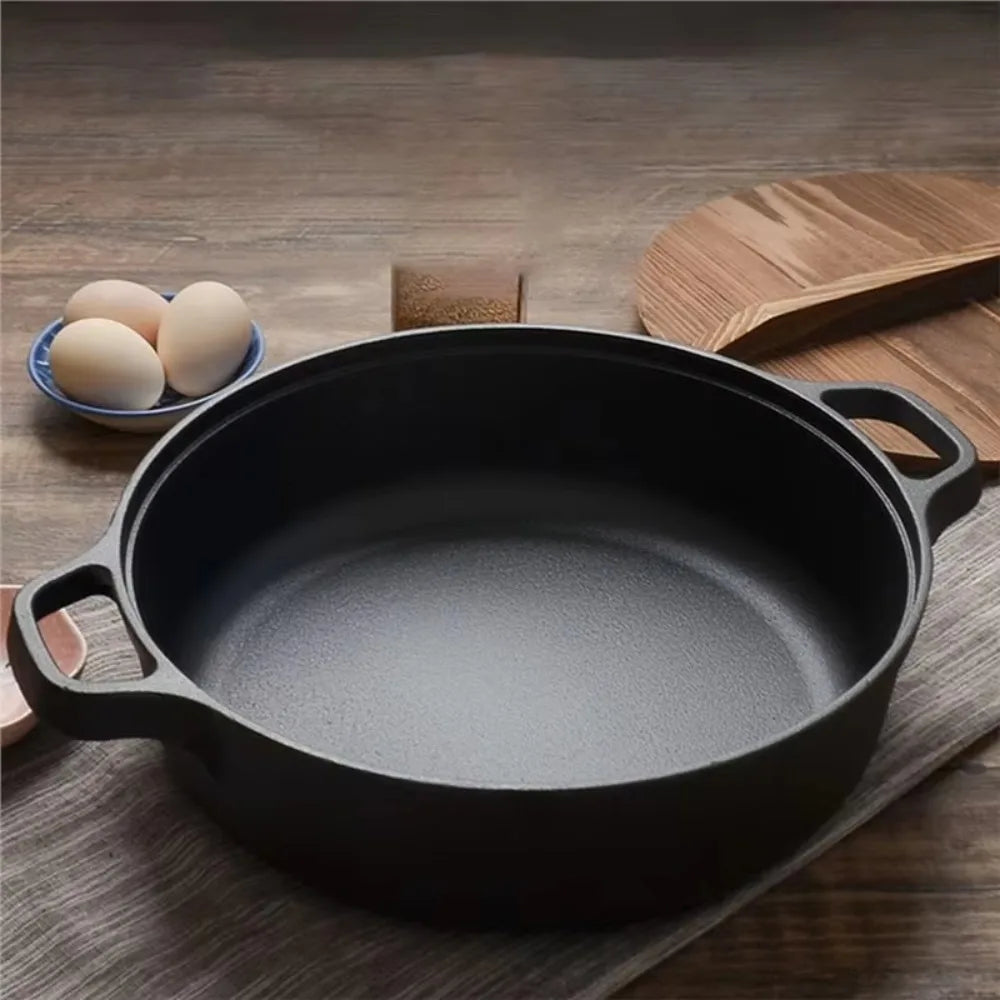 Kitchen Cookware Non-Stick Cast Iron Skillet Flat Bottomed Double Handle Frying Pan Thickened Non-coated Wok Outdoor