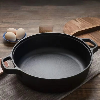 Kitchen Cookware Non-Stick Cast Iron Skillet Flat Bottomed Double Handle Frying Pan Thickened Non-coated Wok Outdoor