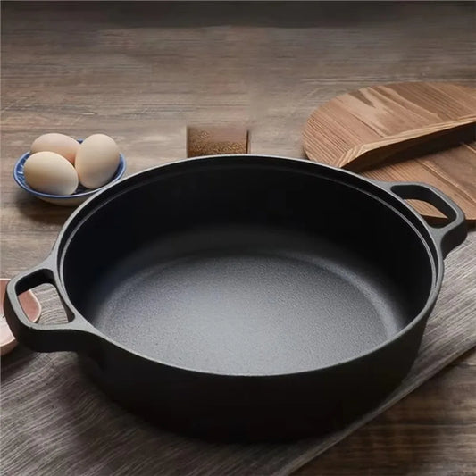 Kitchen Cookware Non-Stick Cast Iron Skillet Flat Bottomed Double Handle Frying Pan Thickened Non-coated Wok Outdoor