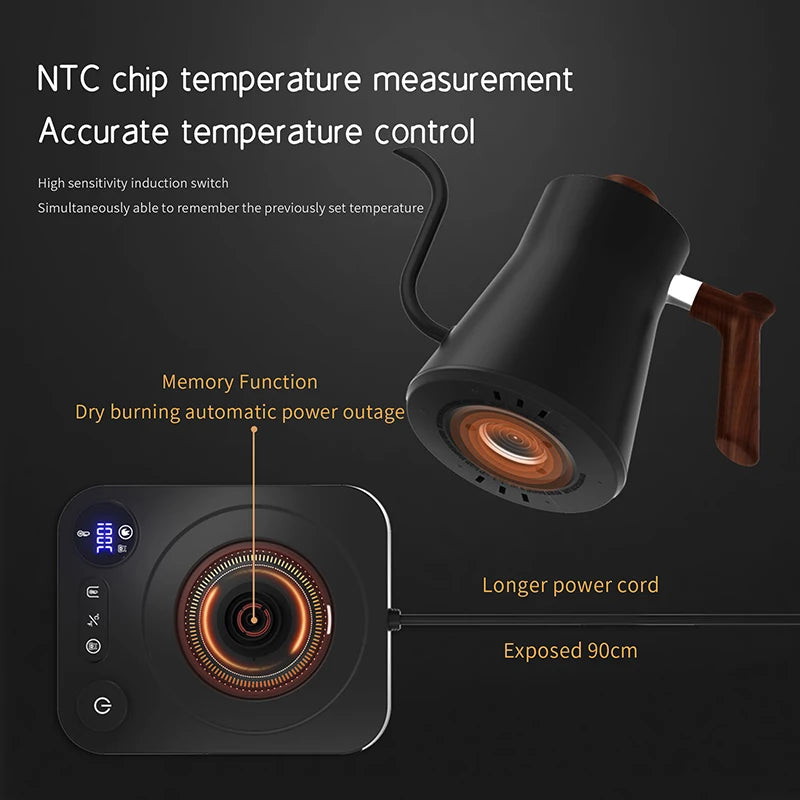 110V/220V Gooseneck Electric Kettle Smart Temperature Control Pot 1200W Rapid Heating Kettle 304 Stainless Steel Liner Pot 900ml