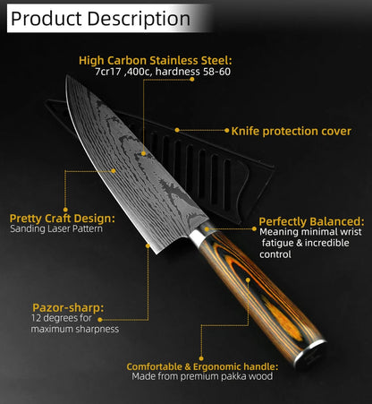 Kitchen Knife Set Professional Chef Knife 7CR17 Germany Stainless Steel Damascus Laser Meat Cleaver Slicing Santoku Cutter Tools