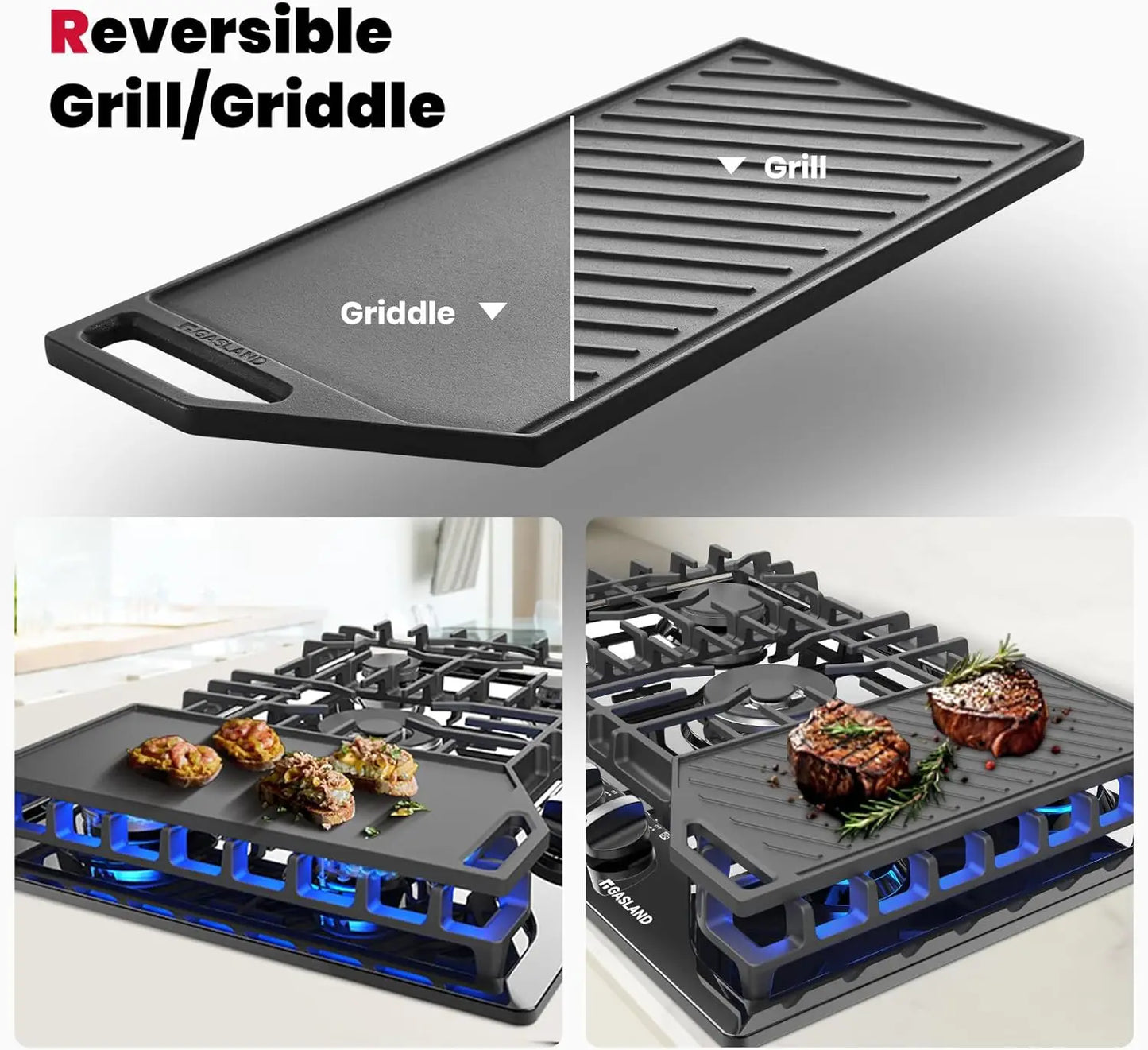 30-Inch Gas Cooktop with 5 Burners, Reversible Griddle, NG/LPG Convertible, CSA Certified, Black