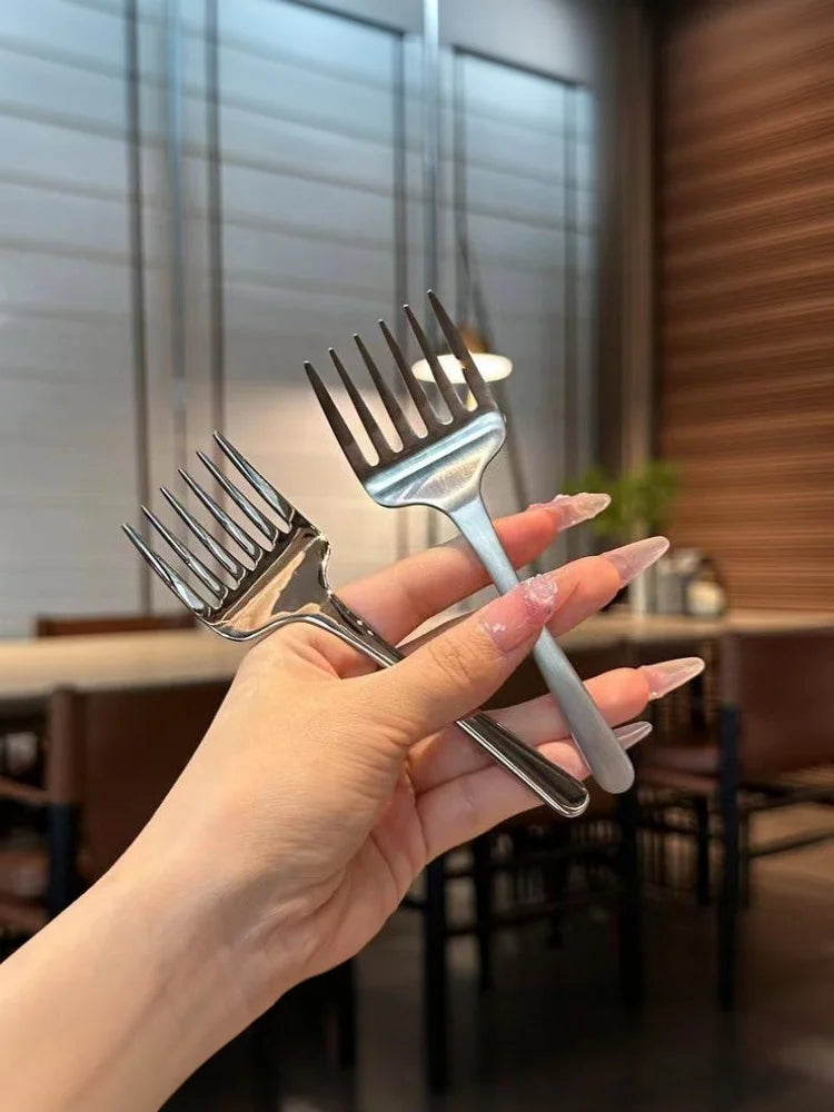 Creative Korean Single Handle Six-tooth Stainless Steel Dessert Fork Fruit Fork Portable 304 Stainless Steel Cake Fork