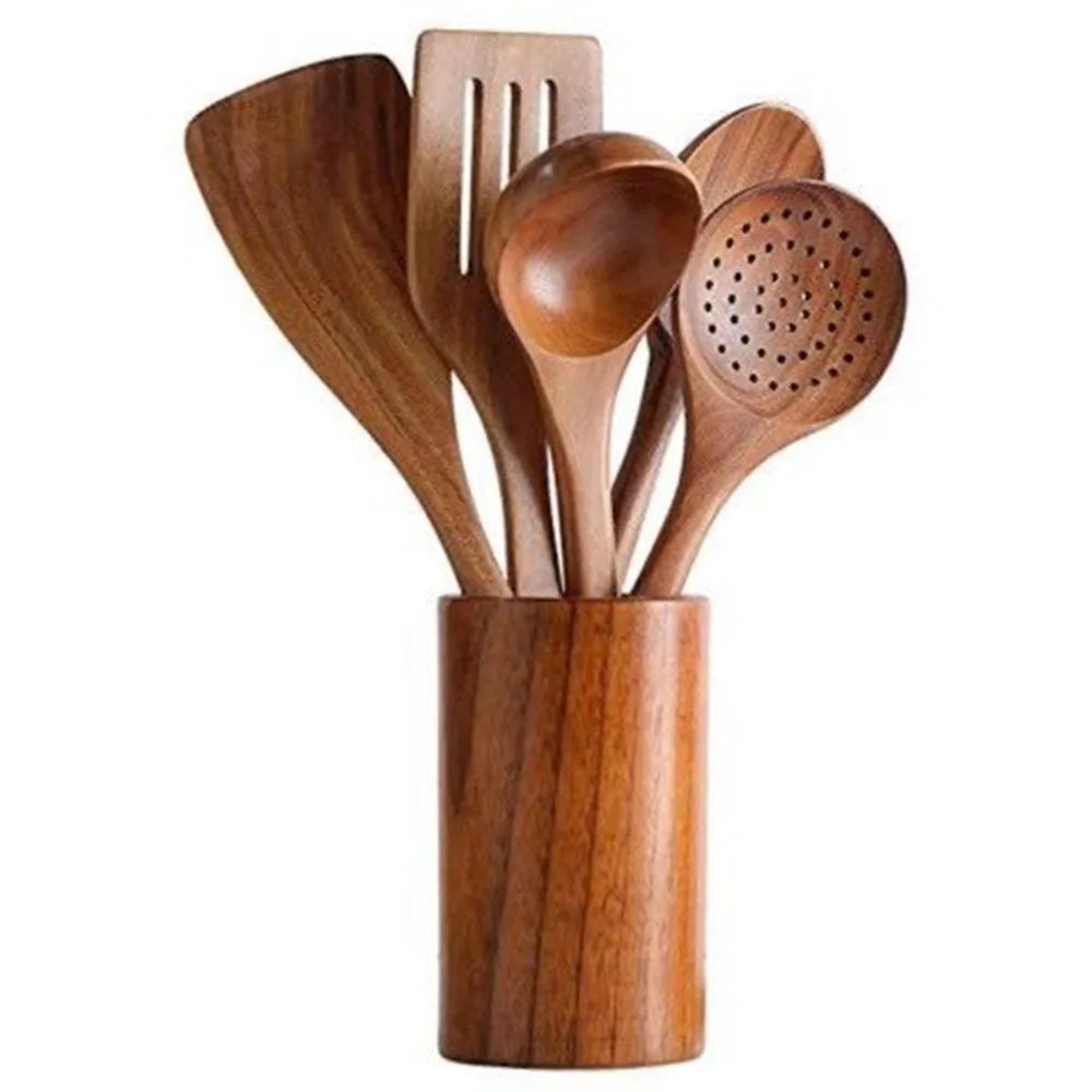 4-8pcs Wooden Cooking Spoon with Storage Bucket Durable Kitchen Utensils Set Natural Material Unbreakable Kitchen Shovel Set