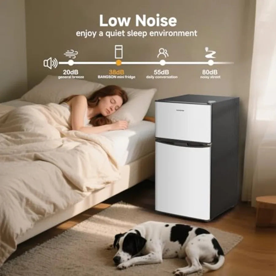 Mini fridge with freezer for bedroom, office, dorm, apartment, garage, RV; black and silver finish; quiet compact design with a