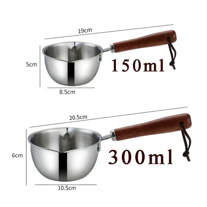 Mini Oil Pouring Pot with Wooden Handle 304 Stainless Steel Milk Pan Kitchen Butter Baking Measuring Pots for Household Cooking