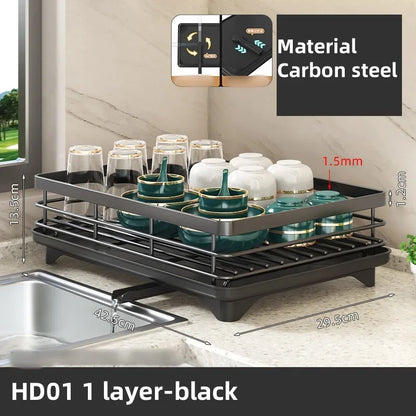Kitchen Dish Drain Rack Plates Bowls Chopsticks Carbon Steel Storage Rack with Drain Board Sink Countertop Tableware Storage