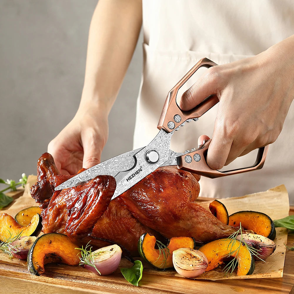 HEZHEN 110 Layers Damascus Steel Kitchen Scissors Walnut Powerful Multifunctional Crack Walnuts Open Beer Bottle