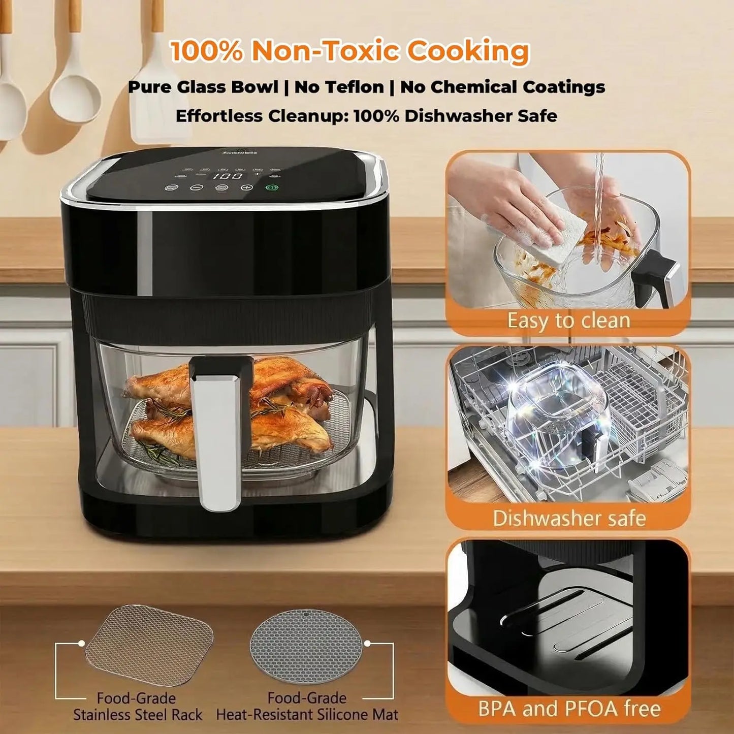 4.5 Qt Glass Air Fryer, Borosilicate Basket, Stainless Steel Tray, 8 Presets, Black
