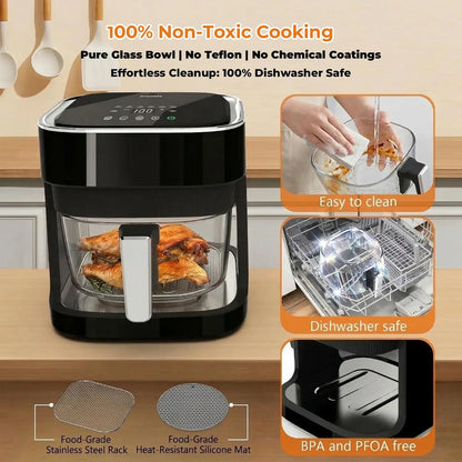 4.5 Qt Glass Air Fryer, Borosilicate Basket, Stainless Steel Tray, 8 Presets, Black