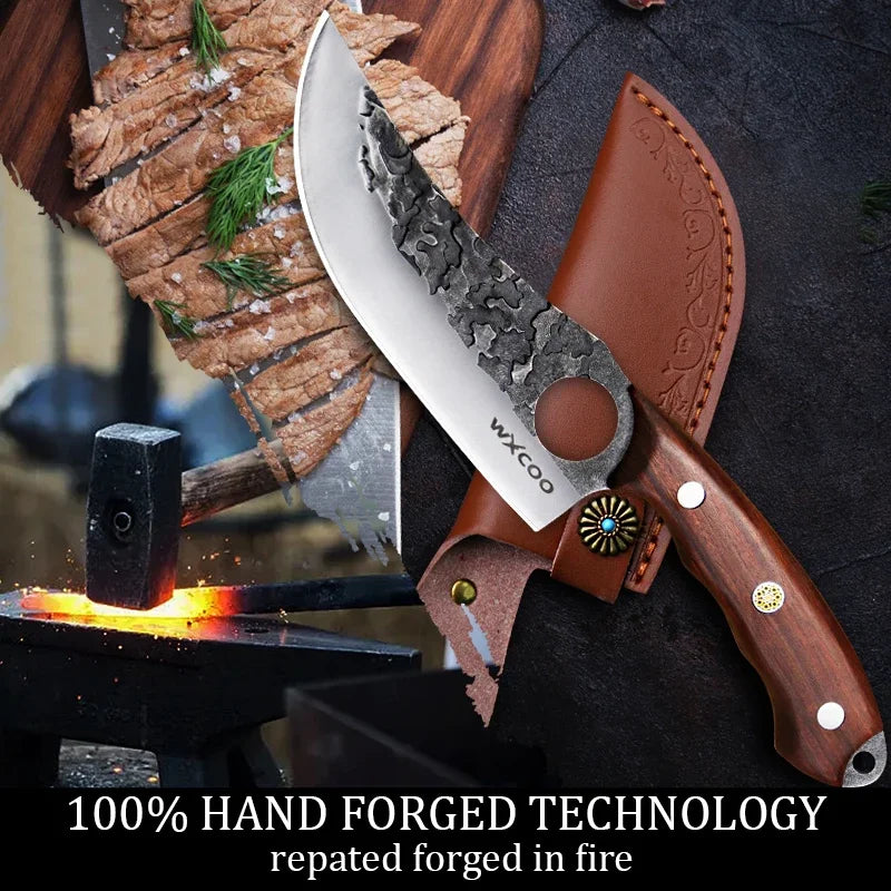 WXCOO Multifunctional Hand Forged Butcher Knife Kitchen Knife Durable Blade for BBQ Meat Cutting Boning Knife Wooden Handle