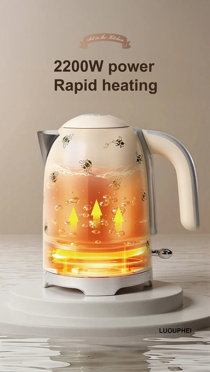 2200W Retro Print Electric Kettle Home 304 Stainless Steel Quick Boiling Kettle Auto Power Off Teapot Kitchen Tools 1.7L