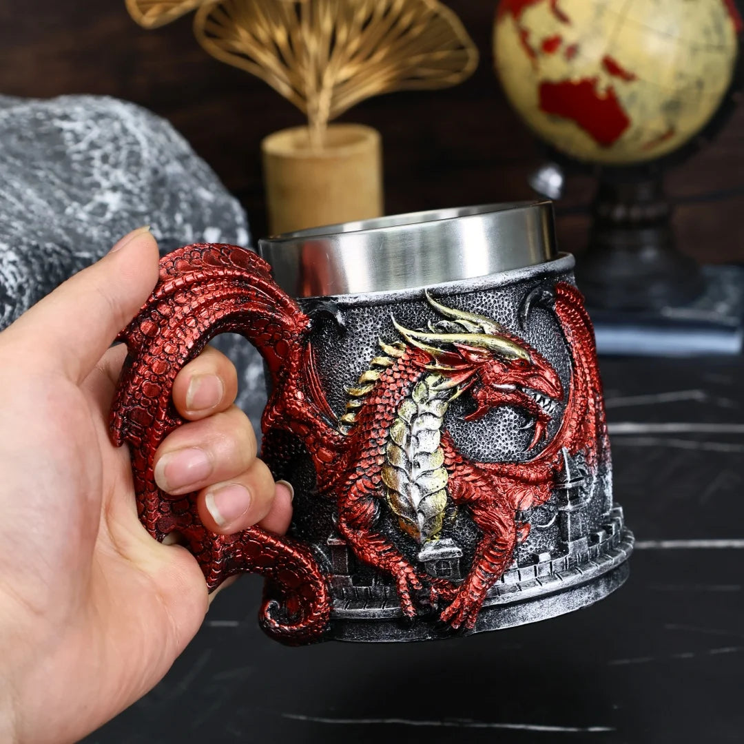 Western Monster Dragon Mark Coffee Cup, Stainless Steel Dragon Statue Water Cup, 3D Castle Guardian Dragon Beer Cup