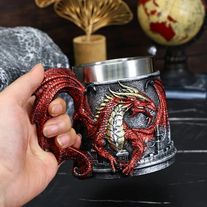 Western Monster Dragon Mark Coffee Cup, Stainless Steel Dragon Statue Water Cup, 3D Castle Guardian Dragon Beer Cup