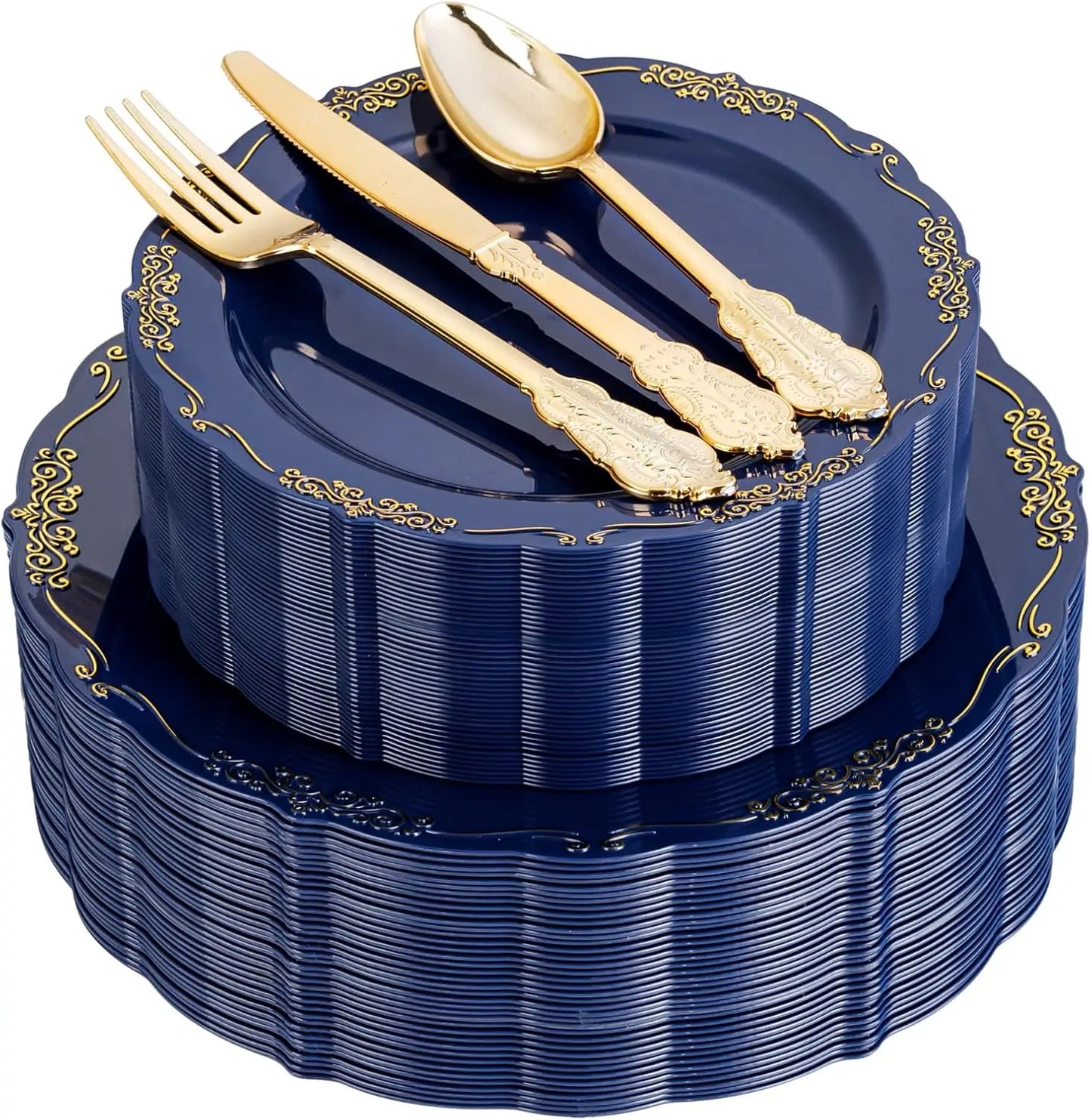 150Pcs Blue Plastic Plates Heavy Duty Navy Blue Disposable Plates with Gold Plastic Silverware include 30 Dinner Plate,30 Des