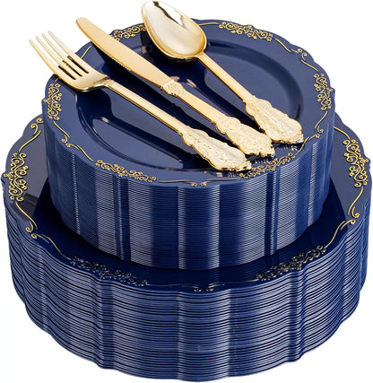 150Pcs Blue Plastic Plates Heavy Duty Navy Blue Disposable Plates with Gold Plastic Silverware include 30 Dinner Plate,30 Des